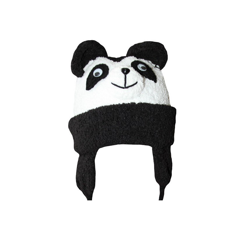Bonnet tête de panda pour enfants, avec cordons, tricoté à la main